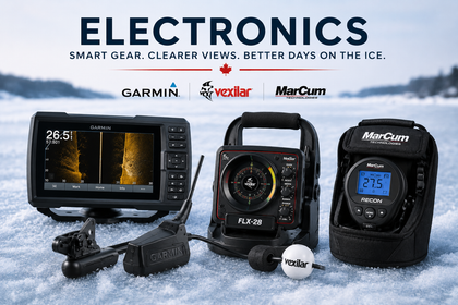 Garmin and Vexilar ice fishing electronics displayed on frozen lake