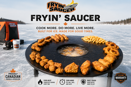 Fryin’ Saucer outdoor cooking system with fried food on frozen lake