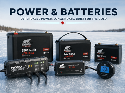 Lithium batteries, NOCO charger, and battery monitor displayed on frozen lake